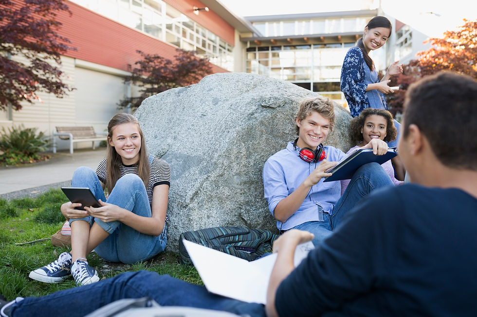 Teens sit outdoors on grass near a rock, smiling and using tablets. Another teen stands nearby. Bright, sunny day with a school building behind.