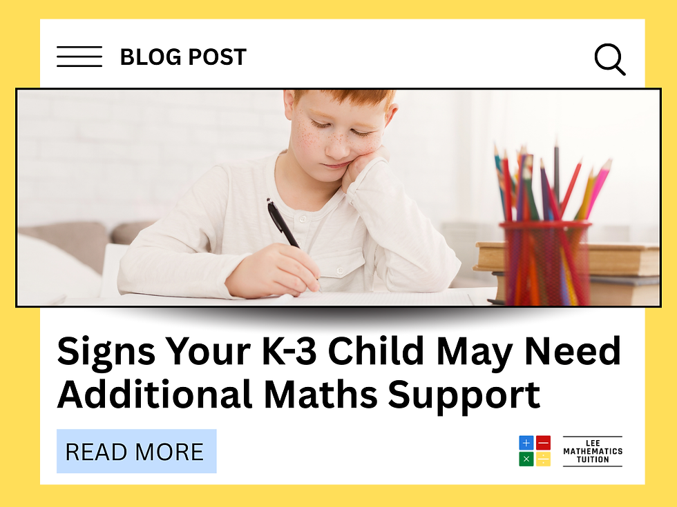 Young child studying with colorful pencils, looking thoughtful. Text: "Signs Your K-3 Child May Need Additional Maths Support. Read More."