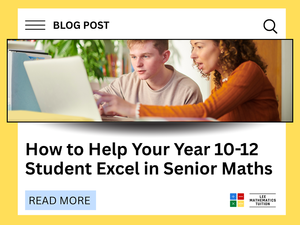 Two people focus on a laptop in a bright room. Text: "How to Help Your Year 10-12 Student Excel in Senior Maths." Button: "Read More."