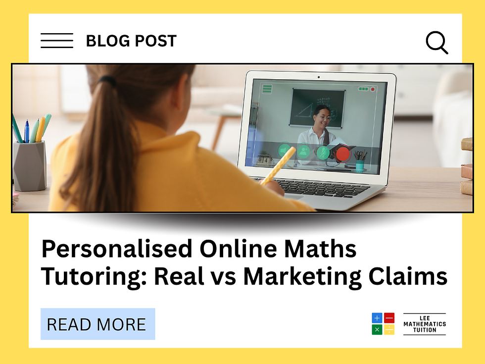 Child in yellow shirt on laptop video call with tutor, discussing math concepts. Text: "Personalised Online Maths Tutoring: Real vs Marketing Claims."
