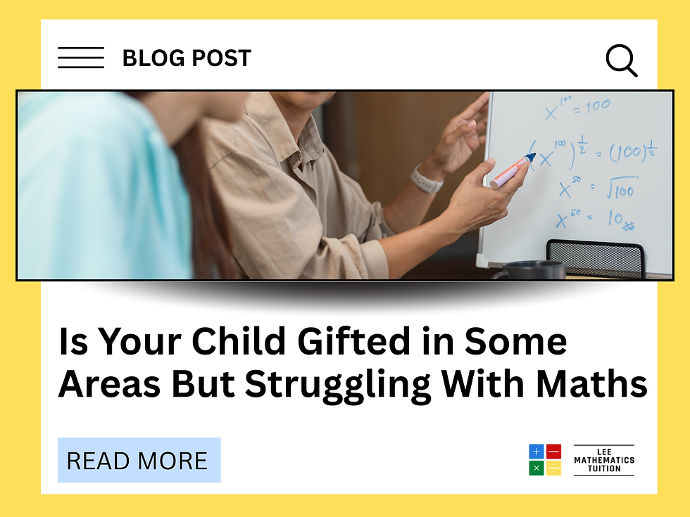Child and teacher at a whiteboard with maths equations. Text reads: "Is Your Child Gifted in Some Areas But Struggling With Maths." Bright, educational mood.