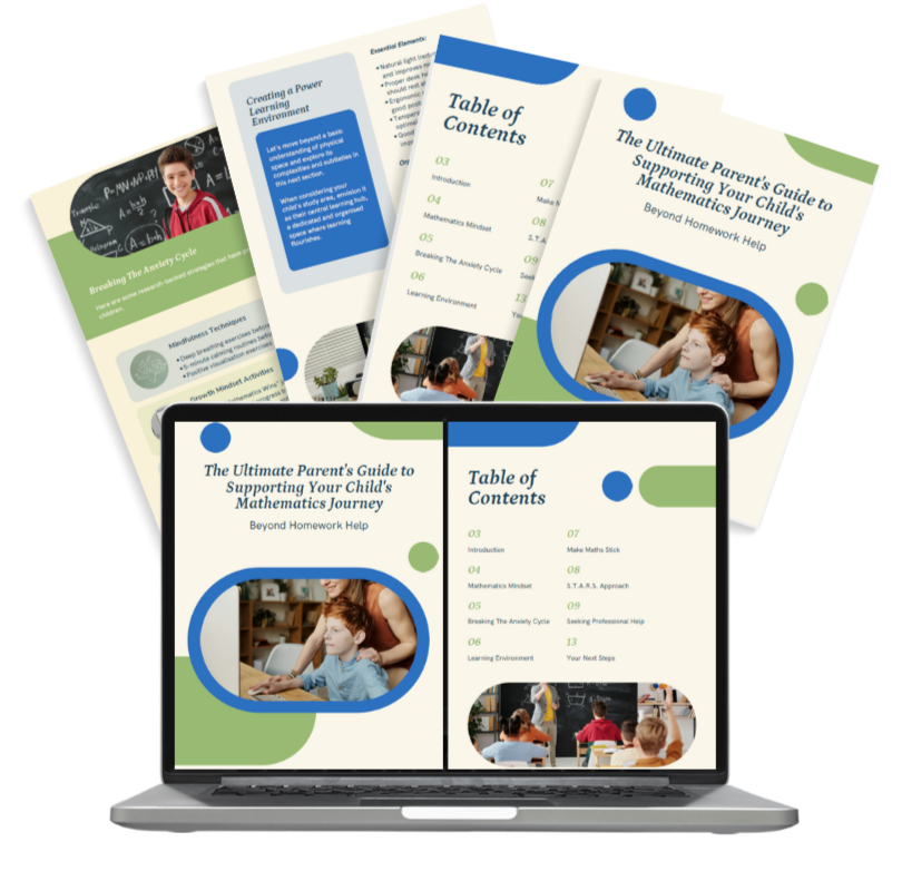 Guide displays on laptop and papers: "The Ultimate Parent's Guide to Supporting Your Child's Mathematics Journey." Green and blue theme.