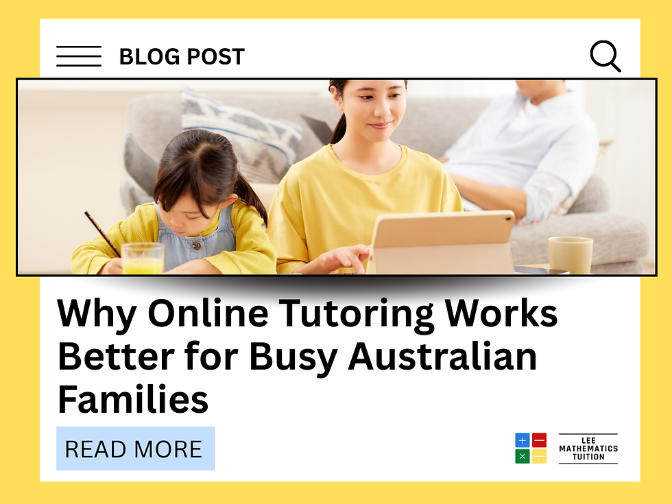 Child and adult at a table, the adult on a tablet, child writing. Text: "Why Online Tutoring Works for Busy Australian Families."