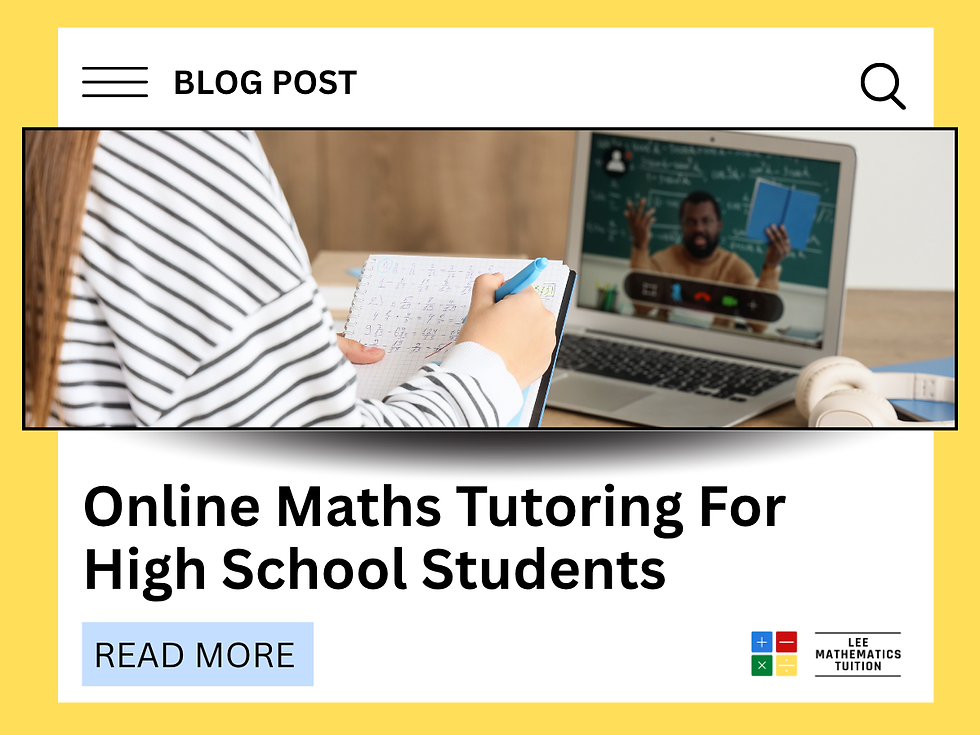 Student taking notes during an online maths tutoring session, laptop showing a tutor in front of a chalkboard. Text: Online Maths Tutoring For High School Students